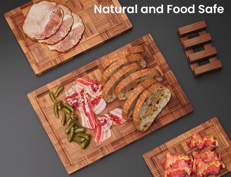 Fibogollo Bamboo Cutting Boards for Kitchen,Chopping Boards Set with Juice Groove,End Grain Bamboo Butcher Block,Serving Board with Holder(3 Pcs) - Image 2