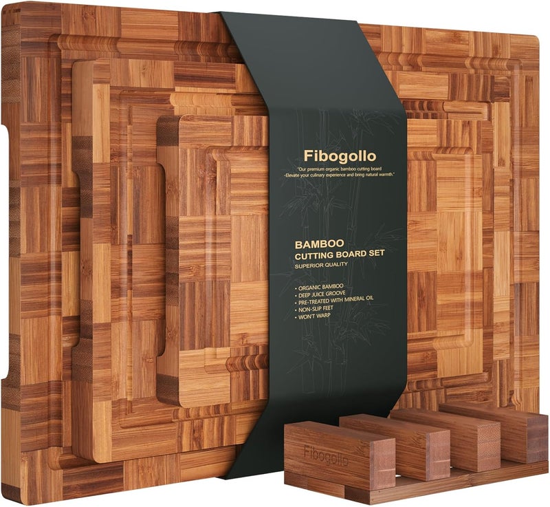 Fibogollo Bamboo Cutting Boards for Kitchen,Chopping Boards Set with Juice Groove,End Grain Bamboo Butcher Block,Serving Board with Holder(3 Pcs) - Image 1