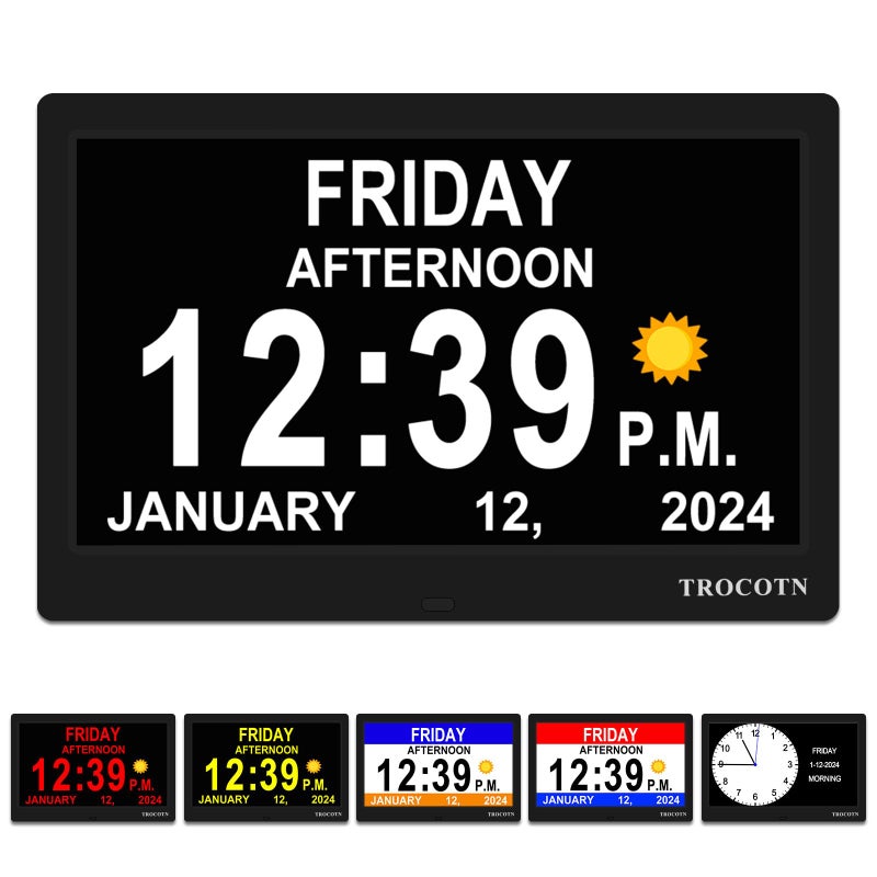 TROCOTN ساعة TROCOTN للزهايمر ساعة رقمية كبيرة لكبار السن ساعة تقويم عرض كبير مع تنبيهات مخصصة ساعة حائط مع يوم وتاريخ ساعة منضدية 10 بوصة سوداء