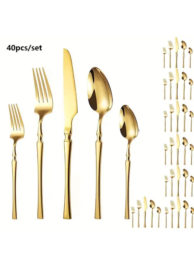 40 قطعة من طقم الأدوات الفولاذية المقاومة للصدأ باللون الذهبي الوردي يشمل سكين ستيك، شوك العشاء، ملاعق، شوكة الحلوى، ملعقة الحلوى، آمنة للاستخدام في غسالة الأطباق، لتناول الطعام في المنزل. - Image 1