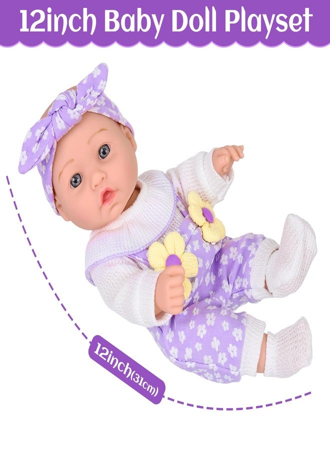 DOTVOSY 12" Flower Pattern Baby Doll With Backpack Carrier Can Store Clothes and Accessories,12 Inch Baby Dolls Set In Gift Box With Hanky Pacifier Bottle Pretend Baby Care Toy For Girl Child Toddler 3+ Gifts - Image 3