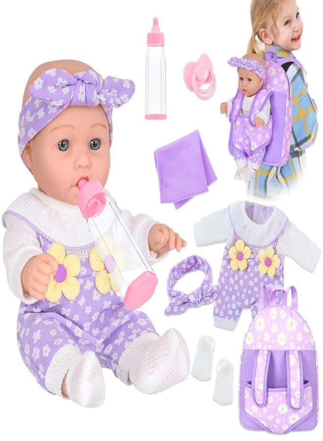 DOTVOSY 12" Flower Pattern Baby Doll With Backpack Carrier Can Store Clothes and Accessories,12 Inch Baby Dolls Set In Gift Box With Hanky Pacifier Bottle Pretend Baby Care Toy For Girl Child Toddler 3+ Gifts - Image 1