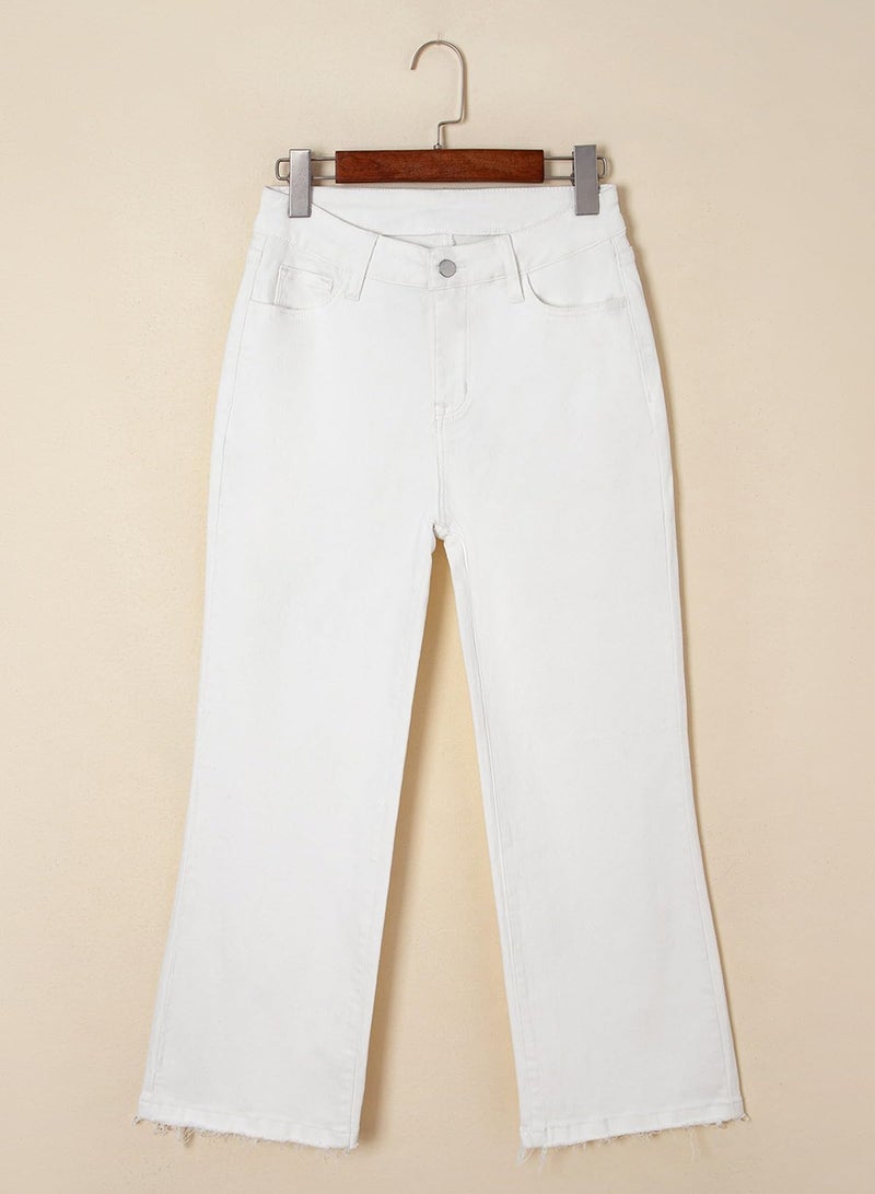 Astylish Women Wide Leg Jeans High Waisted Stretchy Flare Leg Ankle Jeans Baggy Raw Hem Denim Pants Size 14 White - Image 5