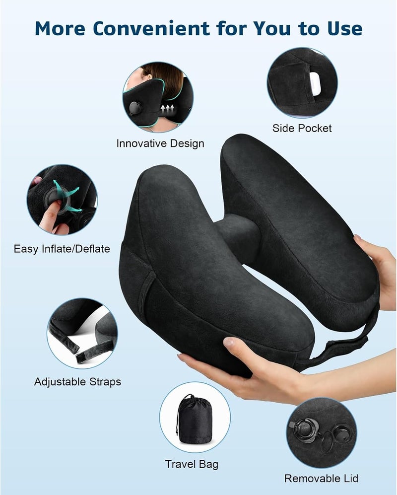 Inflatable Travel Neck Pillow, H Shape Hooded Airplane Pillow, Fast Inflation & Pressure Control, Suitable for Car, Train, Plane (Black) - Image 5