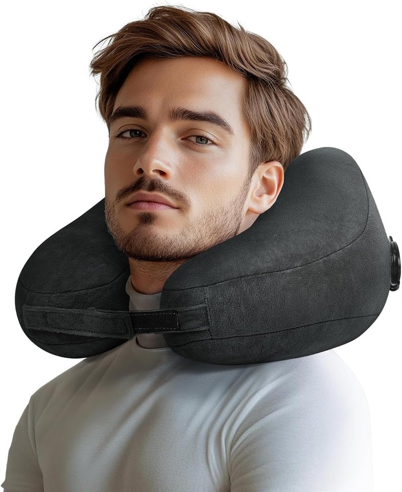 Inflatable Travel Neck Pillow, H Shape Hooded Airplane Pillow, Fast Inflation & Pressure Control, Suitable for Car, Train, Plane (Black) - Image 2