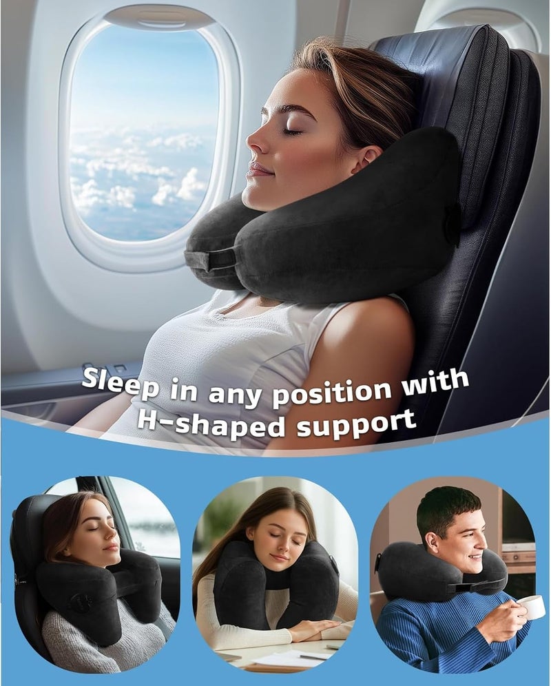 Inflatable Travel Neck Pillow, H Shape Hooded Airplane Pillow, Fast Inflation & Pressure Control, Suitable for Car, Train, Plane (Black) - Image 3