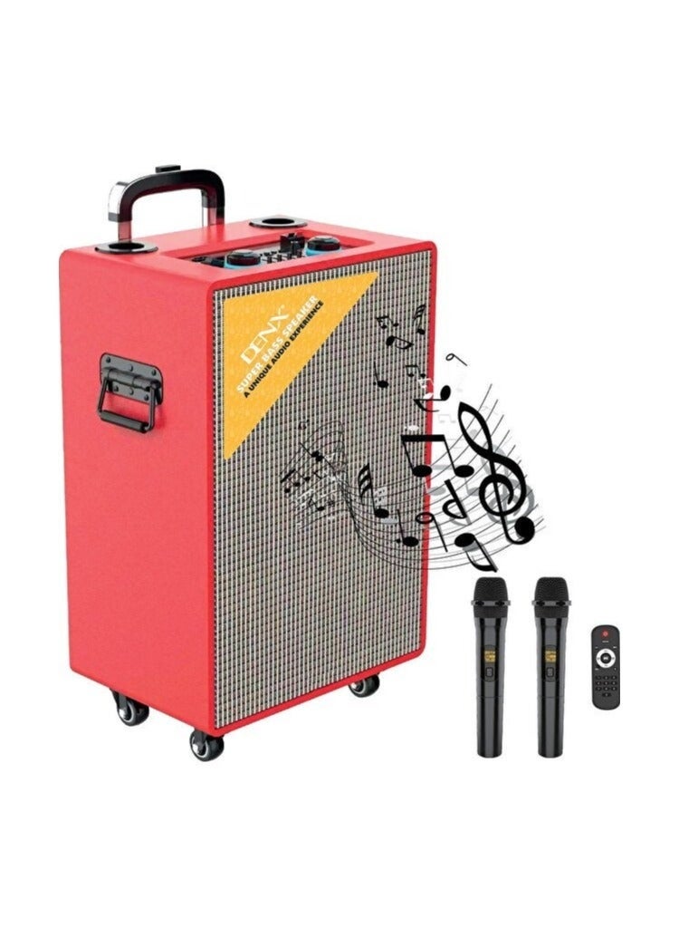Denx DX716 Portable Bluetooth Party Box Trolley Speaker with Super Bass & Karaoke Mic Input, Red - Image 1