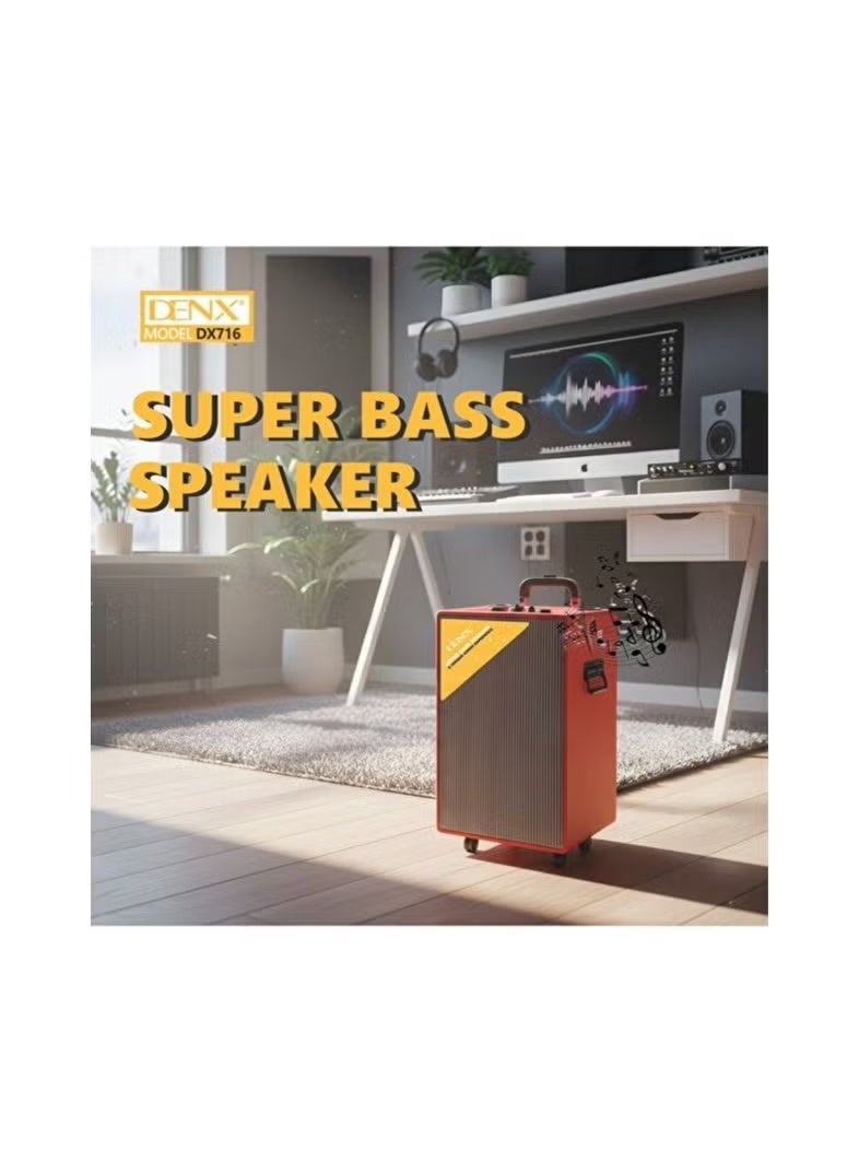 Denx DX716 Portable Bluetooth Party Box Trolley Speaker with Super Bass & Karaoke Mic Input, Red - Image 2