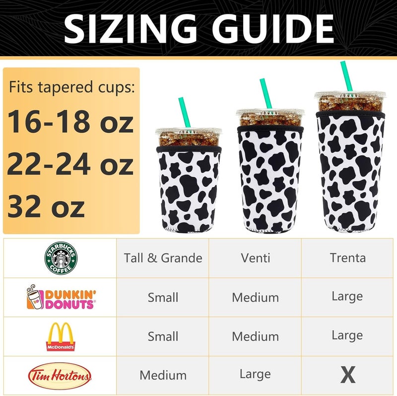 واي آر Reusable Neoprene Insulator Sleeve for Iced Coffee Cups, 3 Pack Coffee Coolies sleeves for Iced u0026 Hot Drinks, Cold Beverage Cooler Compatible with Starbucks Coffee and More (Cow) - Image 2