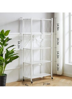 BLOOMING TIME 5 Tier White Foldable Storage Shelves Folding Metal Shelf With Wheels For Garage Kitchen Home Closet Office No Assembly  - Image 2