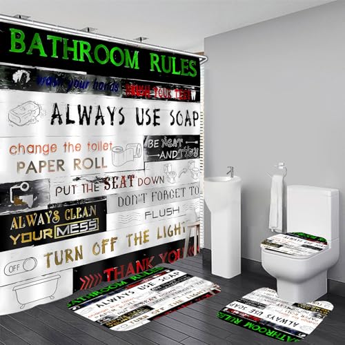AZHM Letter Plank Pattern Shower Curtain Set for Bathroom 4 Pcs Black Bathroom Accessory Decor Sets with Shower Curtain and Rugs - Image 1