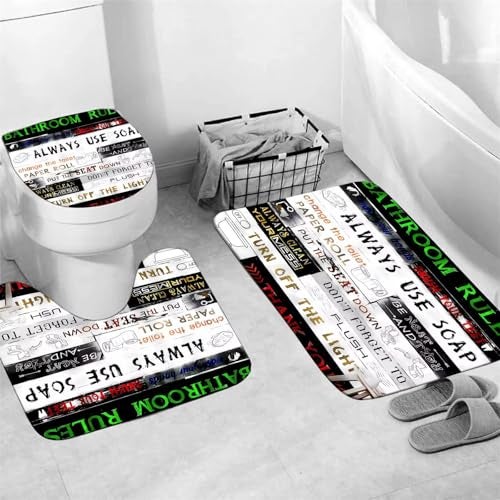 AZHM Letter Plank Pattern Shower Curtain Set for Bathroom 4 Pcs Black Bathroom Accessory Decor Sets with Shower Curtain and Rugs - Image 3