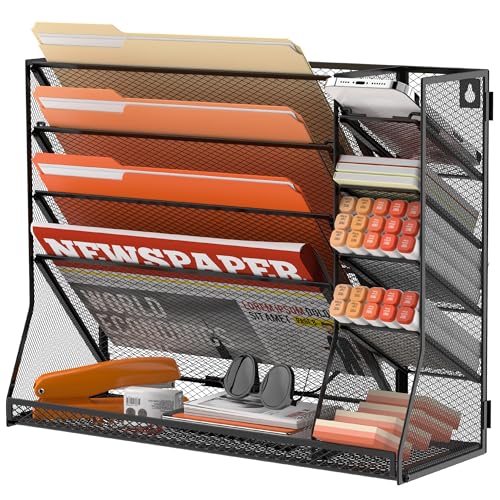 SUPEASY Wall File Organizer, 5-Tier office wall organizer with 4 Pen Holders, Wall Organizer for Office with R-shaped Bottom Tray, Metal Desk Organizer for Office, School, Home, Black - Image 1