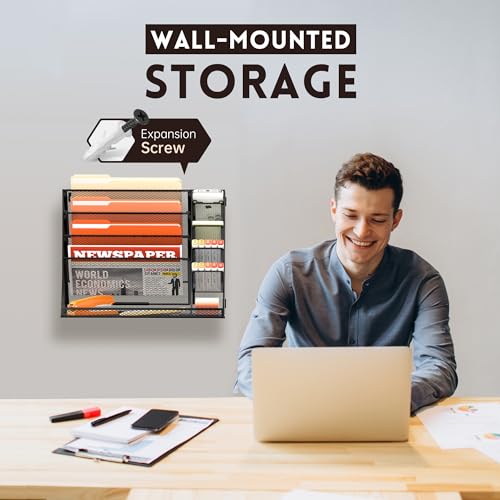 SUPEASY Wall File Organizer, 5-Tier office wall organizer with 4 Pen Holders, Wall Organizer for Office with R-shaped Bottom Tray, Metal Desk Organizer for Office, School, Home, Black - Image 2