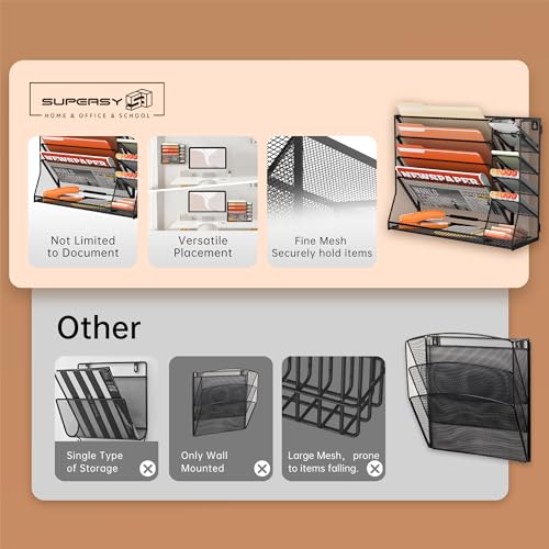 SUPEASY Wall File Organizer, 5-Tier office wall organizer with 4 Pen Holders, Wall Organizer for Office with R-shaped Bottom Tray, Metal Desk Organizer for Office, School, Home, Black - Image 3
