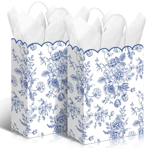 Kolldenn 24 Pcs Blue Floral Gift Bags with Handles Wildflower Party Favor Candy Treat Goodie Bags Scalloped for Birthday Decoration for Bridal Baby Shower Party Supplies - Image 1