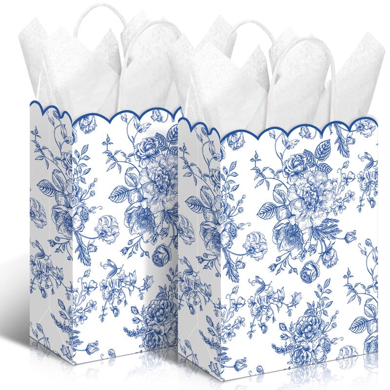 Kolldenn 24 Pcs Blue Floral Gift Bags with Handles Wildflower Party Favor Candy Treat Goodie Bags Scalloped for Birthday Decoration for Bridal Baby Shower Party Supplies - Image 2