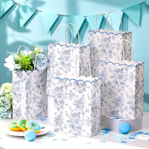 Kolldenn 24 Pcs Blue Floral Gift Bags with Handles Wildflower Party Favor Candy Treat Goodie Bags Scalloped for Birthday Decoration for Bridal Baby Shower Party Supplies - Image 3