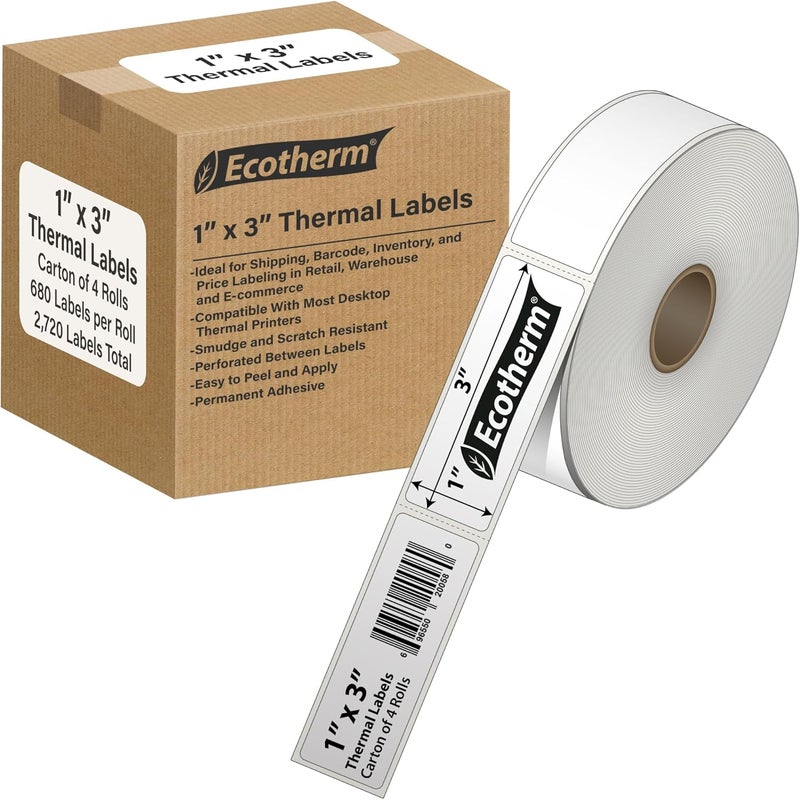 Ecotherm 1" x 3" Thermal Labels | 4 Rolls | 2720 Labels | fits Zebra, Godex, Arkscan, iDPRT, Offnova Thermal Label Printers and More | Blank White Adhesive Stickers by - Image 1