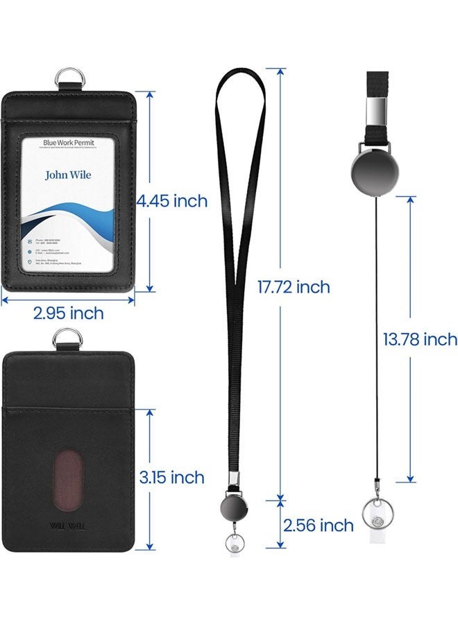 WANFAN 2 PCS Leather ID Badge Holder with Retractable Lanyard, Retractable Badge Reel Nylon Lanyard and Vertical ID Card Holder, Black - Image 2
