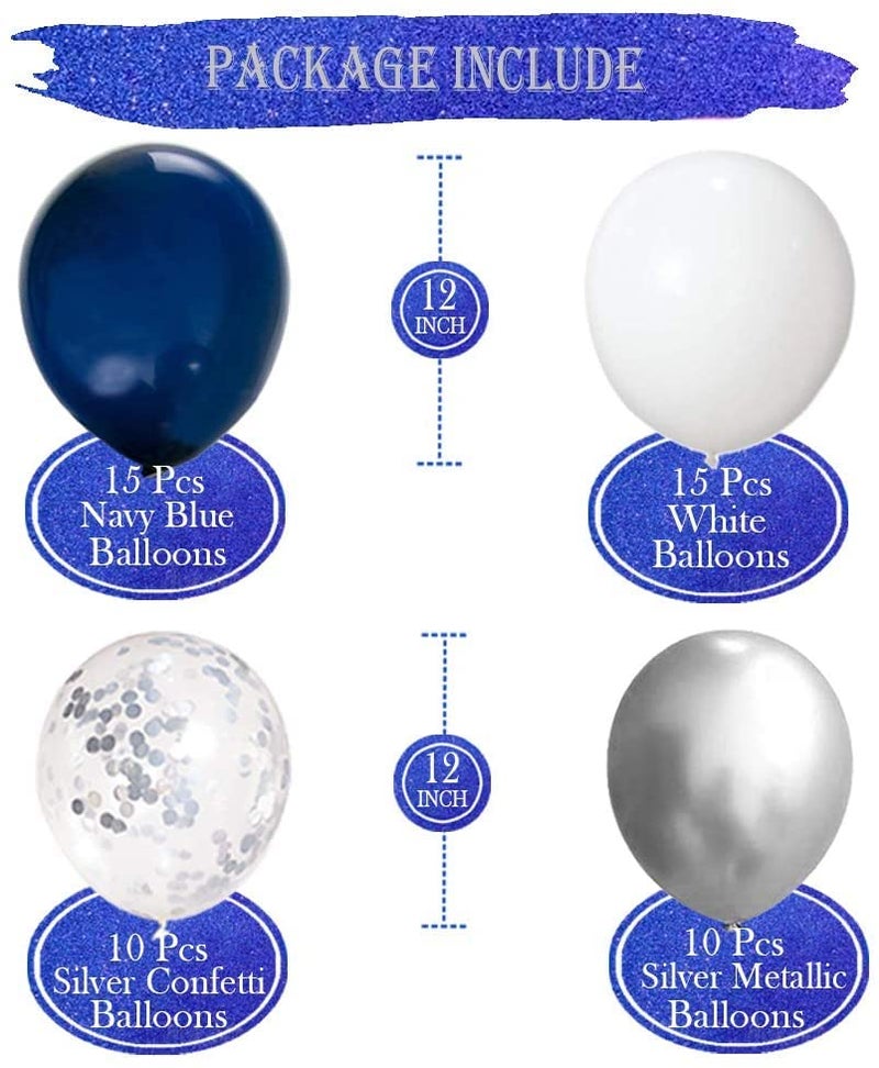 LAZYBEEE 50 Pcs 12 Inches Navy Blue Silver and White Balloons, Silver Confetti Balloons, Silver Metallic Chrome Balloons, Helium Balloons for Birthday Decorations Balloon Garland Arch Navy Graduation - Image 2
