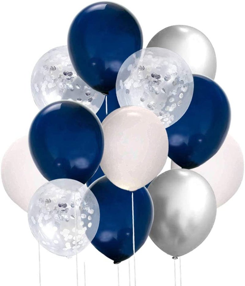 LAZYBEEE 50 Pcs 12 Inches Navy Blue Silver and White Balloons, Silver Confetti Balloons, Silver Metallic Chrome Balloons, Helium Balloons for Birthday Decorations Balloon Garland Arch Navy Graduation - Image 1