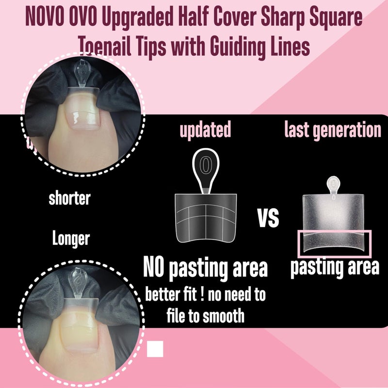 NOVO OVO Upgraded Flexible Half Cover Soft Gel Fake Toe Nail Tips with Auxiliary Line for Toenail Extension, Sharp Square Medium Wide for Men Women Acrylic pedicure in Salon x 15 Sizes 300 Pcs - Image 3