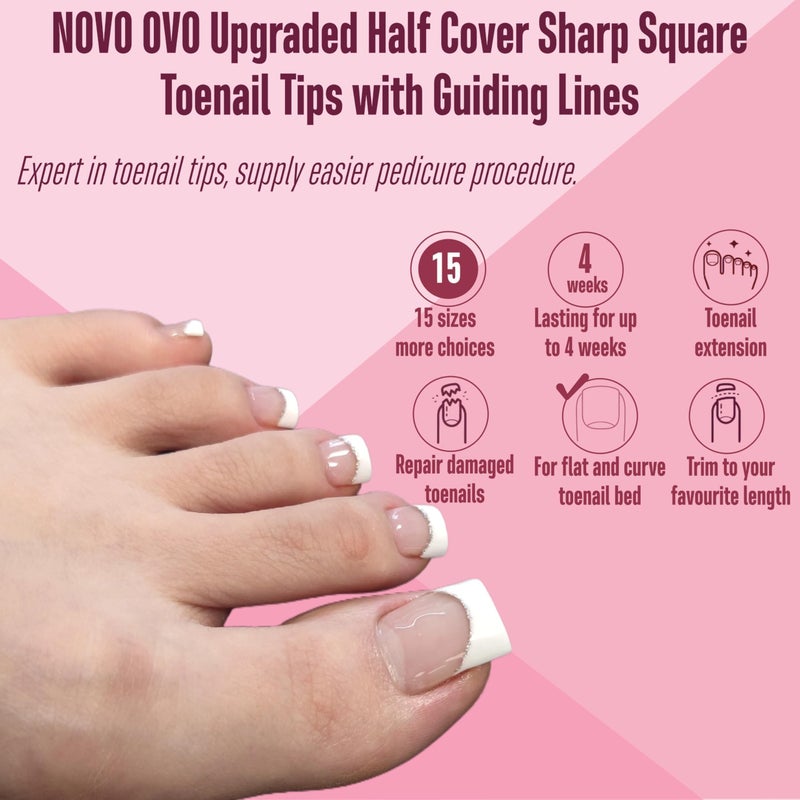 NOVO OVO Upgraded Flexible Half Cover Soft Gel Fake Toe Nail Tips with Auxiliary Line for Toenail Extension, Sharp Square Medium Wide for Men Women Acrylic pedicure in Salon x 15 Sizes 300 Pcs - Image 5