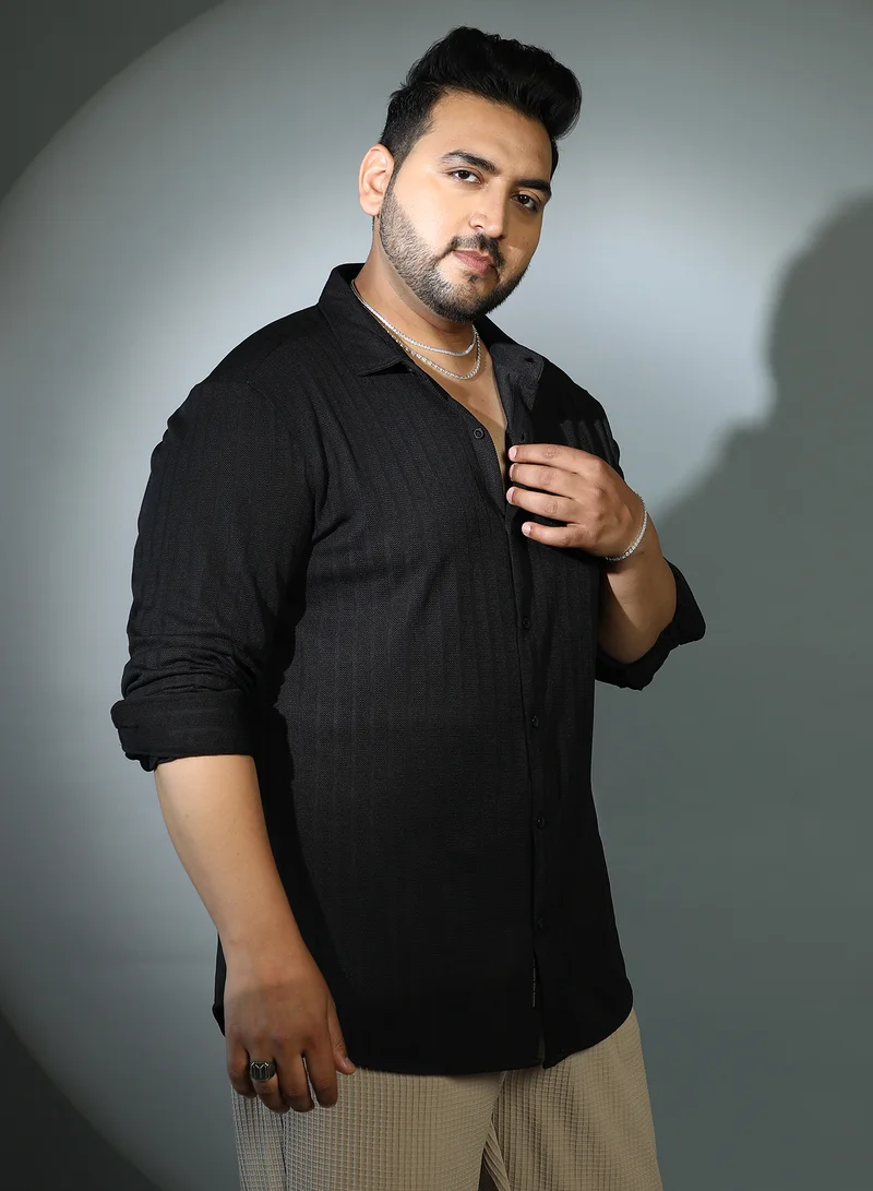 Instafab Plus Instafab Plus Men's Onyx Black Chevron-Panel Tactile Shirt For Casual Wear | Spread Collar | Long Cuffed Sleeves | Button Closure | Plus Size Shirt Crafted With Comfort Fit For Everyday Wear