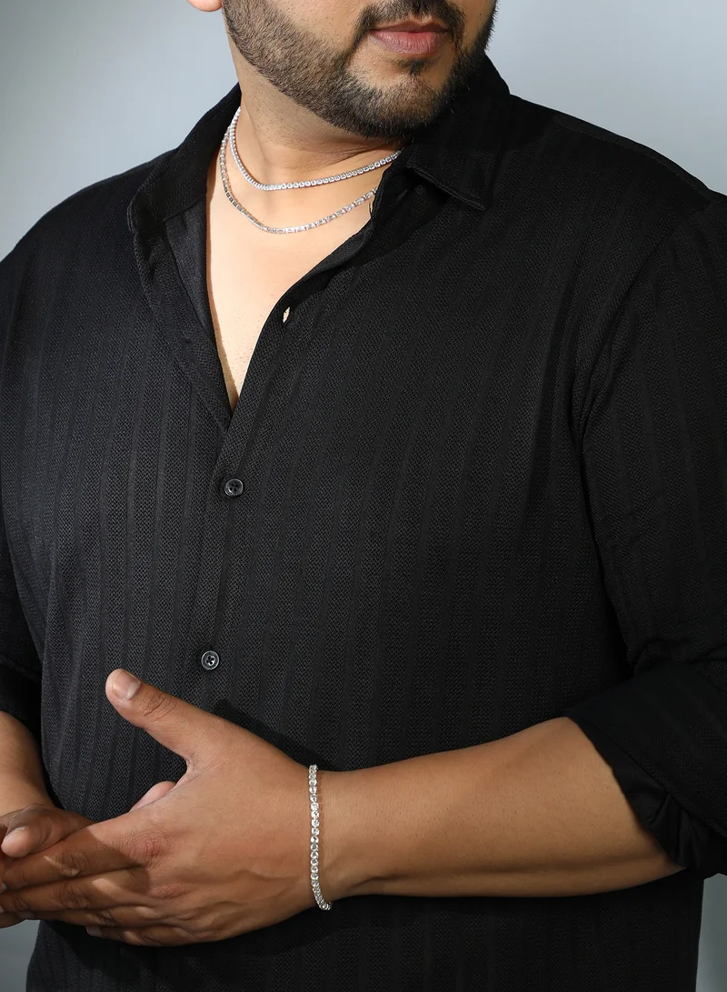 Instafab Plus Instafab Plus Men's Onyx Black Chevron-Panel Tactile Shirt For Casual Wear | Spread Collar | Long Cuffed Sleeves | Button Closure | Plus Size Shirt Crafted With Comfort Fit For Everyday Wear