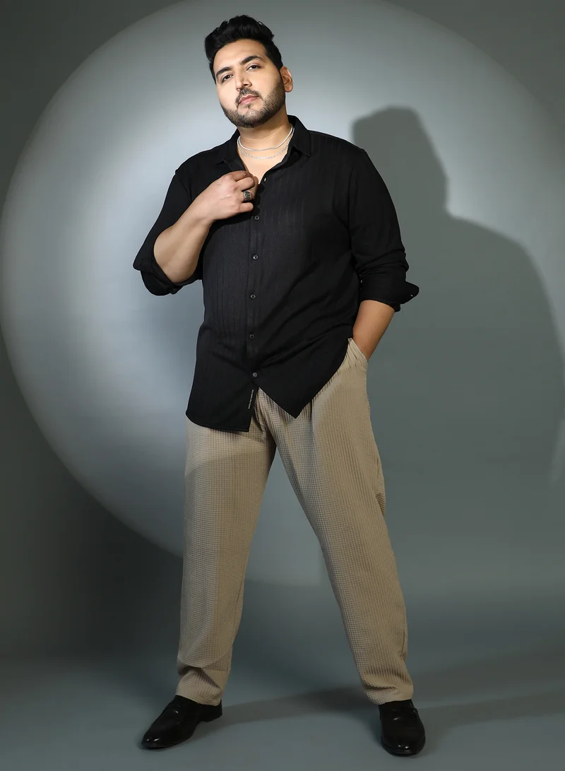 Instafab Plus Instafab Plus Men's Onyx Black Chevron-Panel Tactile Shirt For Casual Wear | Spread Collar | Long Cuffed Sleeves | Button Closure | Plus Size Shirt Crafted With Comfort Fit For Everyday Wear