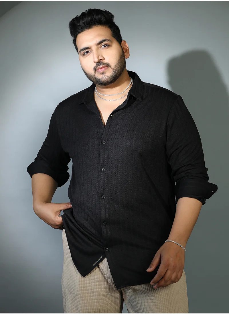 انستافاب بلس Instafab Plus Men's Onyx Black Chevron-Panel Tactile Shirt For Casual Wear | Spread Collar | Long Cuffed Sleeves | Button Closure | Plus Size Shirt Crafted With Comfort Fit For Everyday Wear