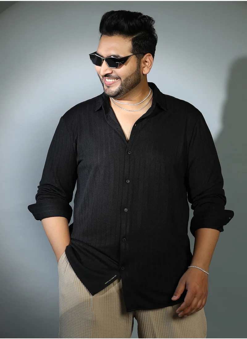 انستافاب بلس Instafab Plus Men's Onyx Black Chevron-Panel Tactile Shirt For Casual Wear | Spread Collar | Long Cuffed Sleeves | Button Closure | Plus Size Shirt Crafted With Comfort Fit For Everyday Wear