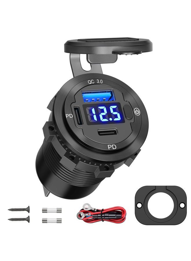Qidoe [Upgraded Version] 12V USB Outlet 58W 3 Port USB C 12V Outlet Dual PD 20W & 18W USB A Port with Voltmeter Lengthened Aluminum Body Switch Waterproof USB Car Charger Socket for Car Boat Marine RV - Image 1