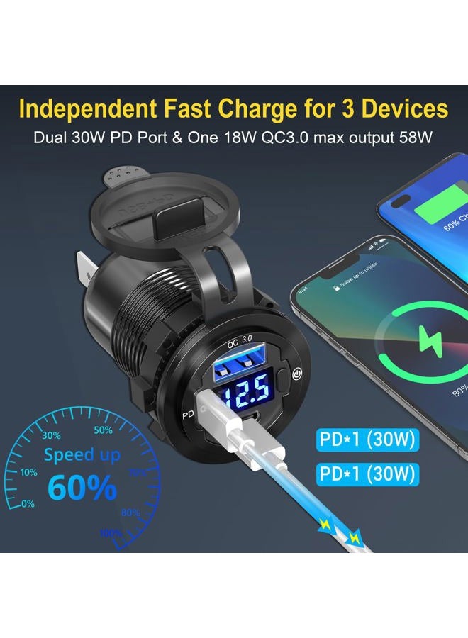 Qidoe [Upgraded Version] 12V USB Outlet 58W 3 Port USB C 12V Outlet Dual PD 20W & 18W USB A Port with Voltmeter Lengthened Aluminum Body Switch Waterproof USB Car Charger Socket for Car Boat Marine RV - Image 4