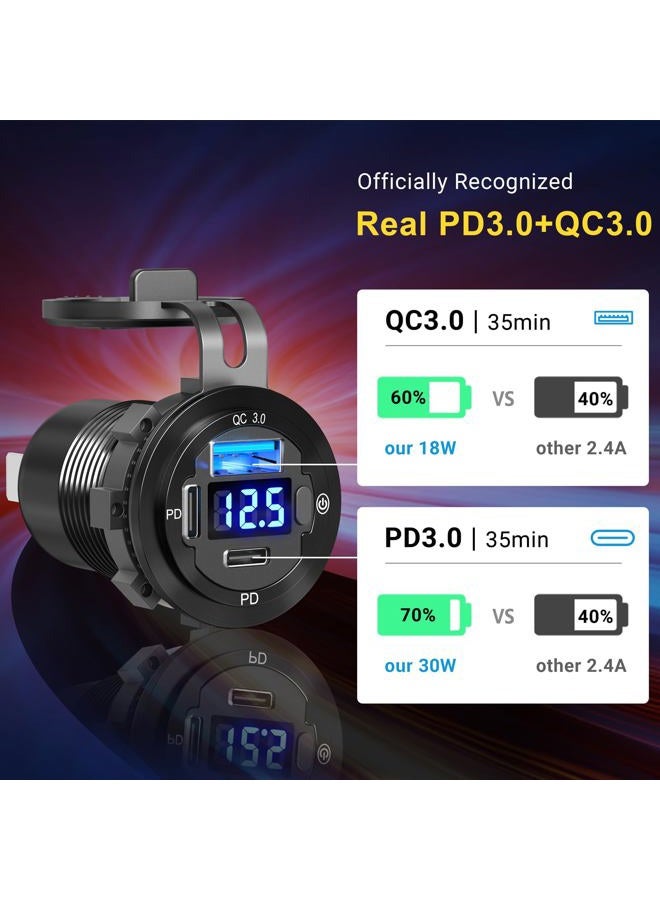 Qidoe [Upgraded Version] 12V USB Outlet 58W 3 Port USB C 12V Outlet Dual PD 20W & 18W USB A Port with Voltmeter Lengthened Aluminum Body Switch Waterproof USB Car Charger Socket for Car Boat Marine RV - Image 3