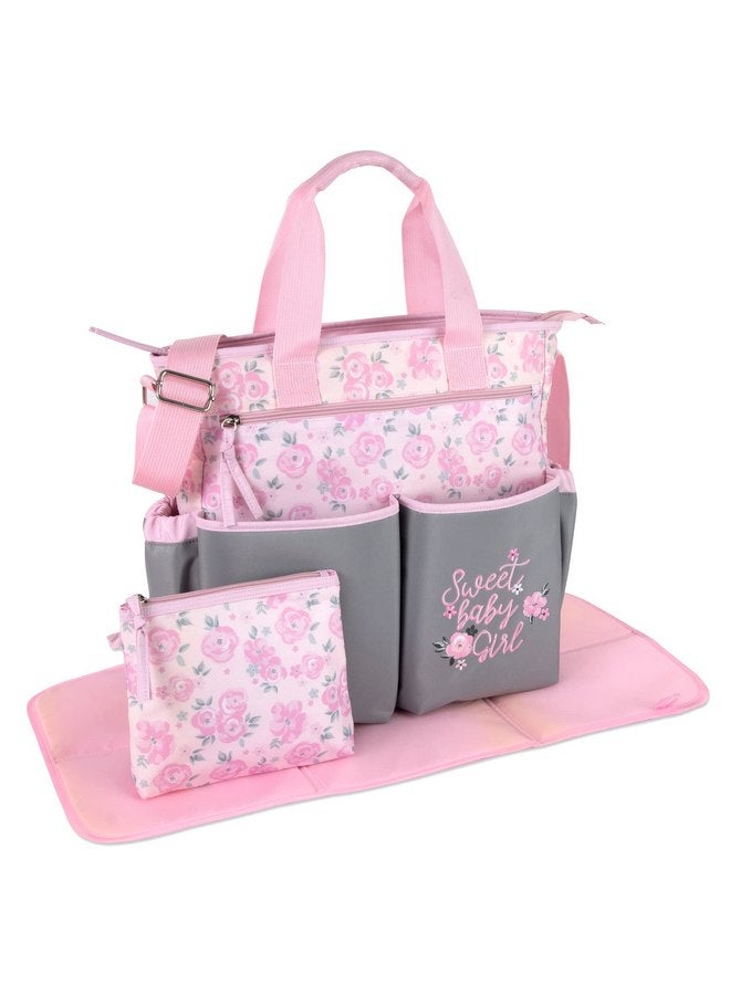 Baby Essentials Crossbody Floral Pink Diaper Bag Tote with Changing Station for Baby Girl, 3 Piece Diaper Bag Set (Flowers)  - Image 1