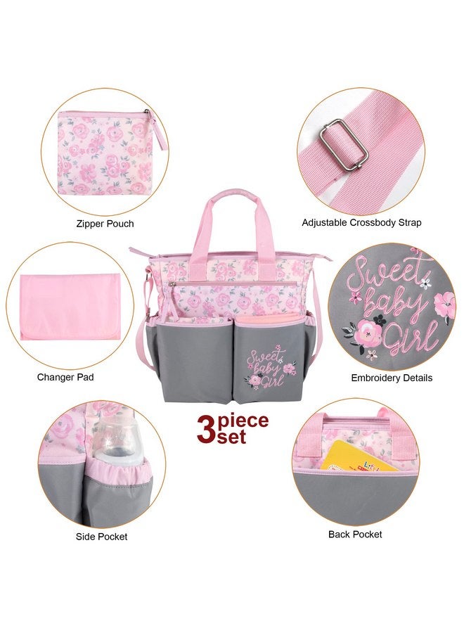 Baby Essentials Crossbody Floral Pink Diaper Bag Tote with Changing Station for Baby Girl, 3 Piece Diaper Bag Set (Flowers)  - Image 2