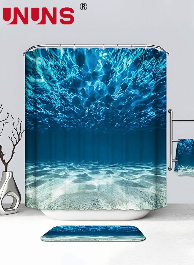 UNUNS 2PCS Ocean Shower Curtain Set with Non-Slip Rugs, 3D Print Durable Tropical Seascape Bright Sunshine Through Deep Blue Sea View Underwater Picture Polyester Fabric Bathroom Sets  - Image 1