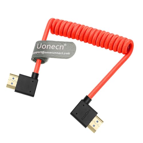 Uonecn Left Angle to Right Angle HDMI 21 Cable for Atomos Ninja V Portkeys BM5 48Gbps 8K Braided Coiled HDMI Cord for Sony A7iv ZCAM F6 ZCam E2 Pro Cameras Red 3050cm12in197in - Image 1