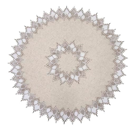 Raedan Natural Linen Decorative Lace Doily 33 inches Round Neutral Earth Tones Beige Lace Coffee Table Topper Dresser Scarf Place Mats (Natural, 33”Round) - Image 1