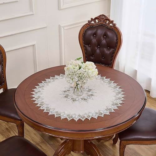 Raedan Natural Linen Decorative Lace Doily 33 inches Round Neutral Earth Tones Beige Lace Coffee Table Topper Dresser Scarf Place Mats (Natural, 33”Round) - Image 2