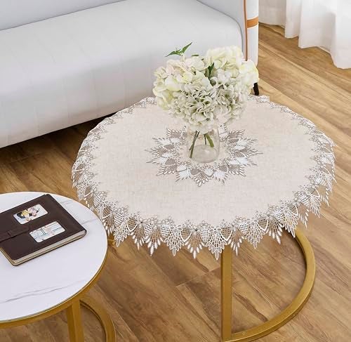 Raedan Natural Linen Decorative Lace Doily 33 inches Round Neutral Earth Tones Beige Lace Coffee Table Topper Dresser Scarf Place Mats (Natural, 33”Round) - Image 4