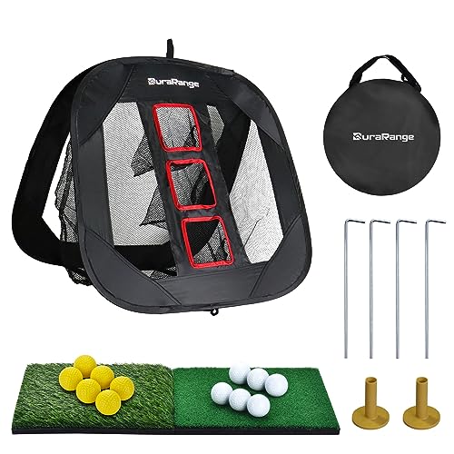 DURARANGE Pop-up Golf Chipping Net Set - Foldable Training Kit with 2 Hitting Mats, 6 Practice Balls, 6 Foam Balls - Ultimate Golf Gift & Target Chipping Aids, Black - Image 1