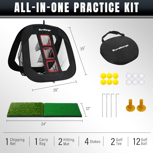 DURARANGE Pop-up Golf Chipping Net Set - Foldable Training Kit with 2 Hitting Mats, 6 Practice Balls, 6 Foam Balls - Ultimate Golf Gift & Target Chipping Aids, Black - Image 2
