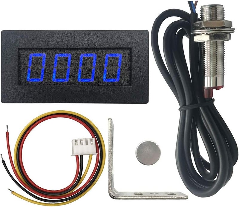DIGITEN 4 Digital Blue LED Tachometer RPM Speed Meter + Hall Proximity Switch Magnet Sensor NPN + Sensor Mounting Holder for Lathe Conveyor Belt - Image 1
