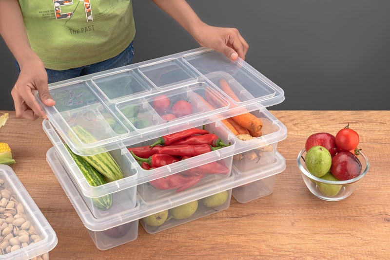 Clazkit Plastic Veggie Tray with Lid – 5 Compartment Food Storage & Serving Container | Fridge Storage Box | Large Transparent Snackle Box for Fruits, Vegetables, Salads, Meals |BPA-Free (Pack of 1) - Image 1
