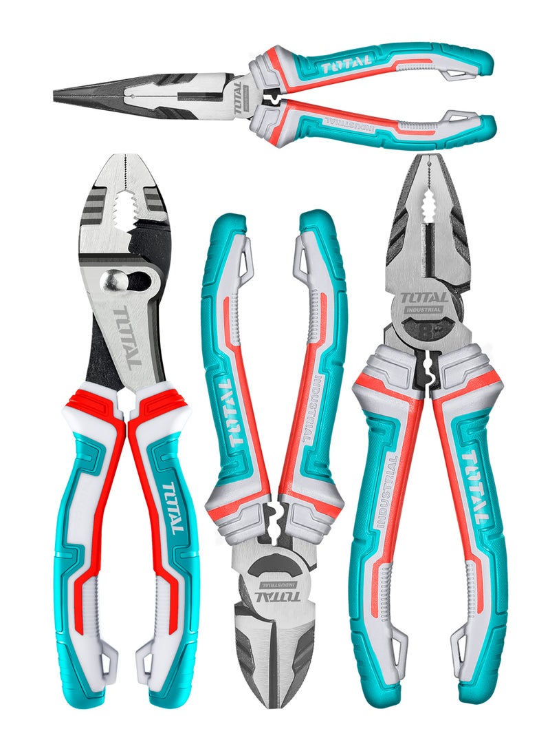 Total Industrial 4-Piece Pliers Set, Cr-V Steel, with Crimping, Deburring, Nail Holder and Wrench Functions, TPR Handle - Image 1