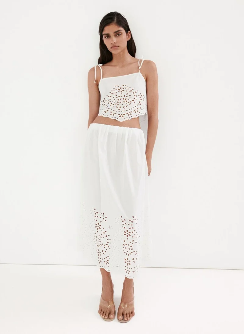 Mango 02-OFFWHITE Midi Skirt With Embroidered Details for Women | Best Price UAE