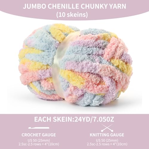 OMoiut 10 Pack Jumbo Chunky Yarn for Hand Knitting, Fluffy Variegated Chunky Chenille Yarn for Crocheting, 240yds/70.5oz Super Bulky Soft Crochet Baby Blanket Yarn(Macaron) - Image 2